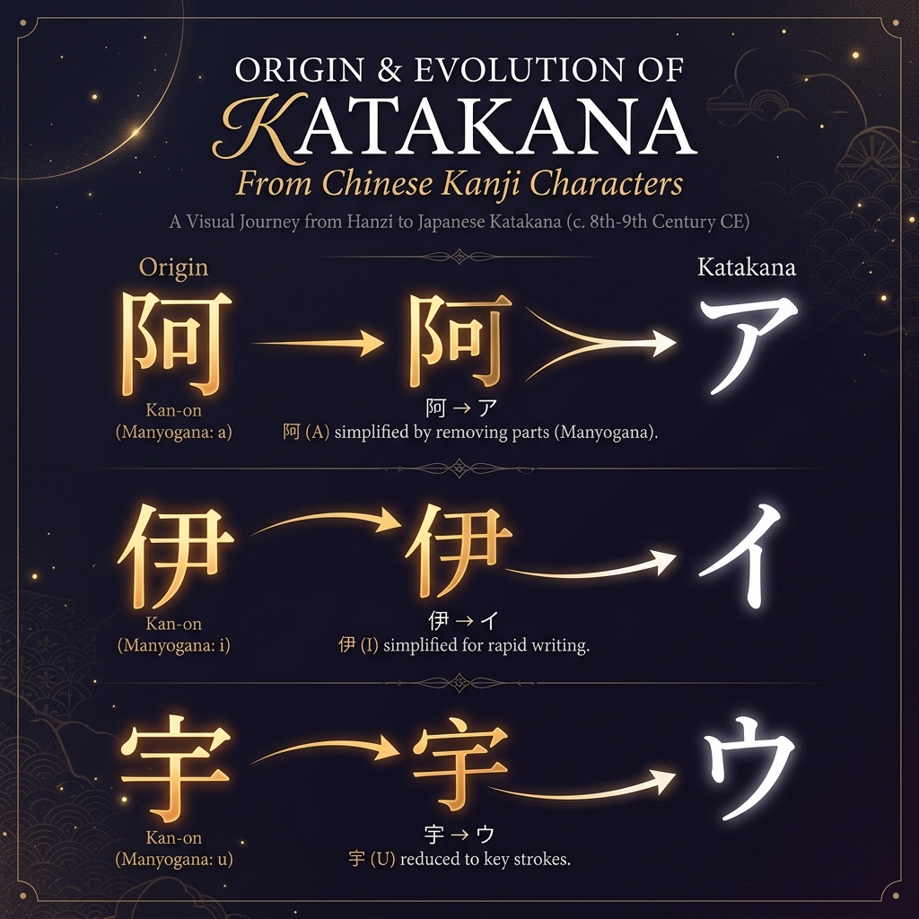 Origin and evolution of Katakana characters from Chinese Kanji