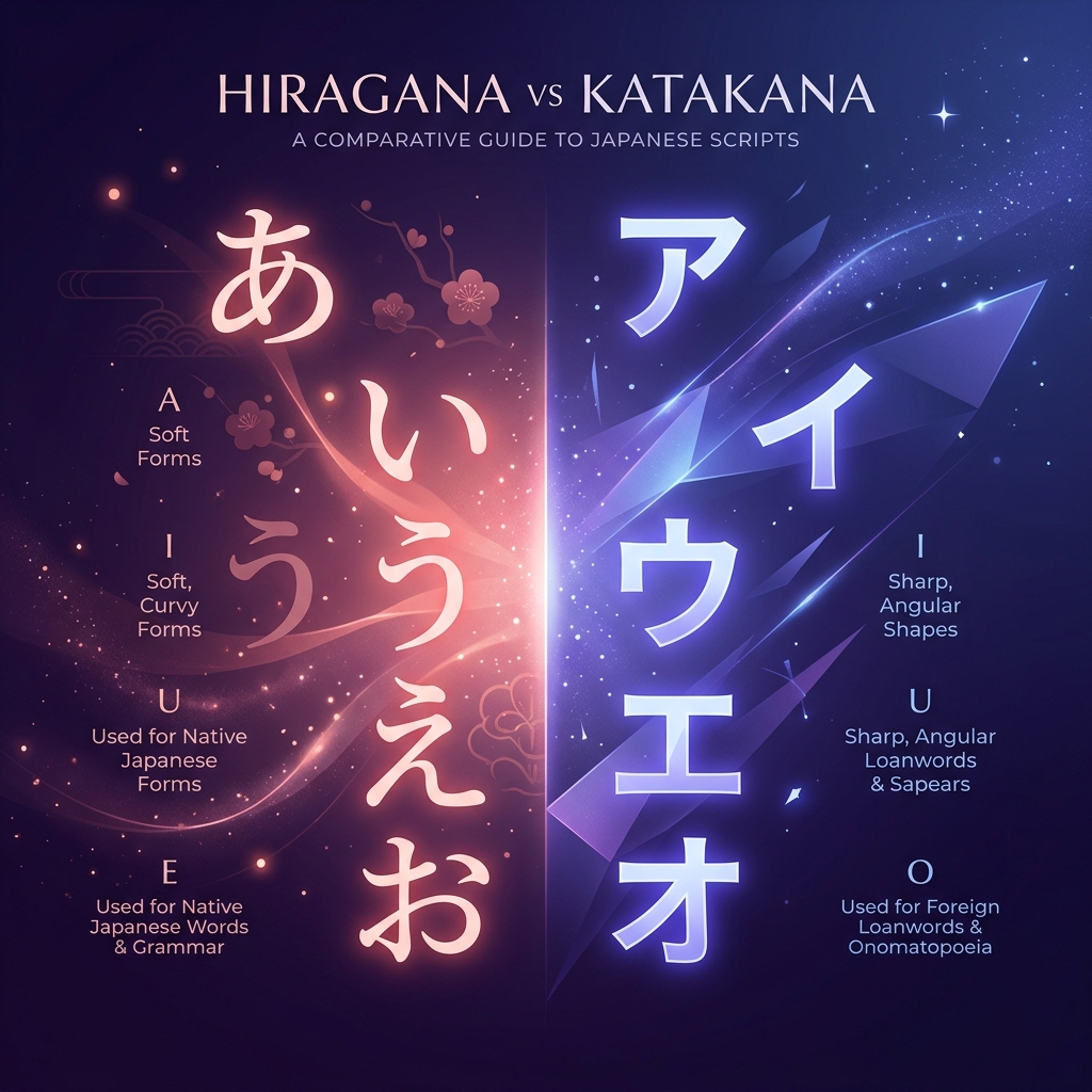 Hiragana vs Katakana comparison — soft curved Hiragana characters on the left in warm coral tones, sharp angular Katakana characters on the right in cool violet tones