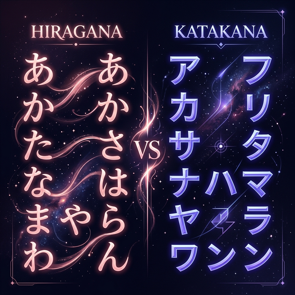 Visual comparison of Hiragana and Katakana writing styles — Hiragana shown in warm pink flowing forms, Katakana shown in cool blue angular forms